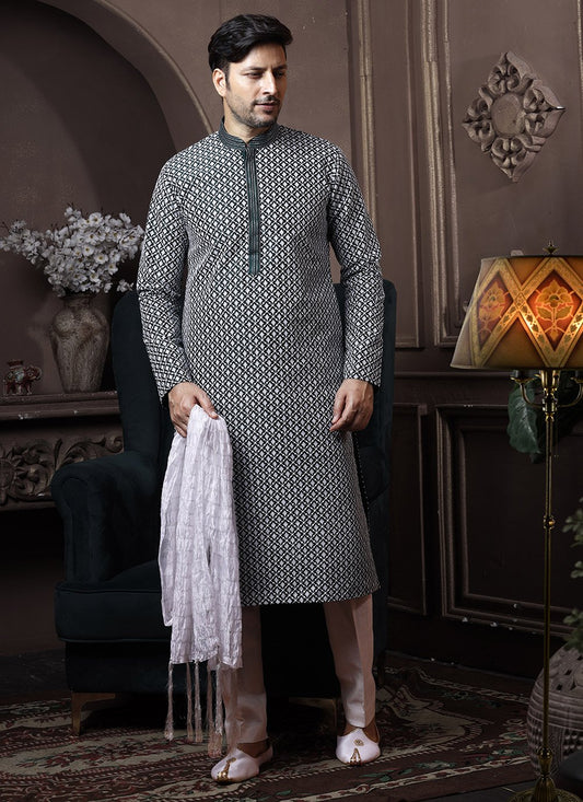 Kurta Pyjama Lucknowi Silk Green Embroidered Mens