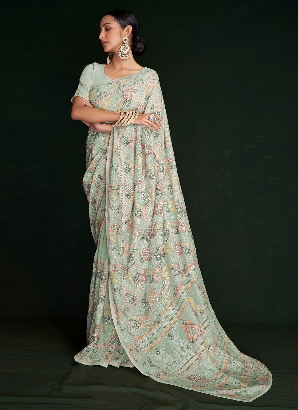 Contemporary Georgette Green Lucknowi Work Saree