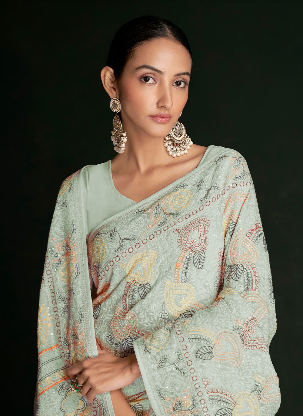 Contemporary Georgette Green Lucknowi Work Saree