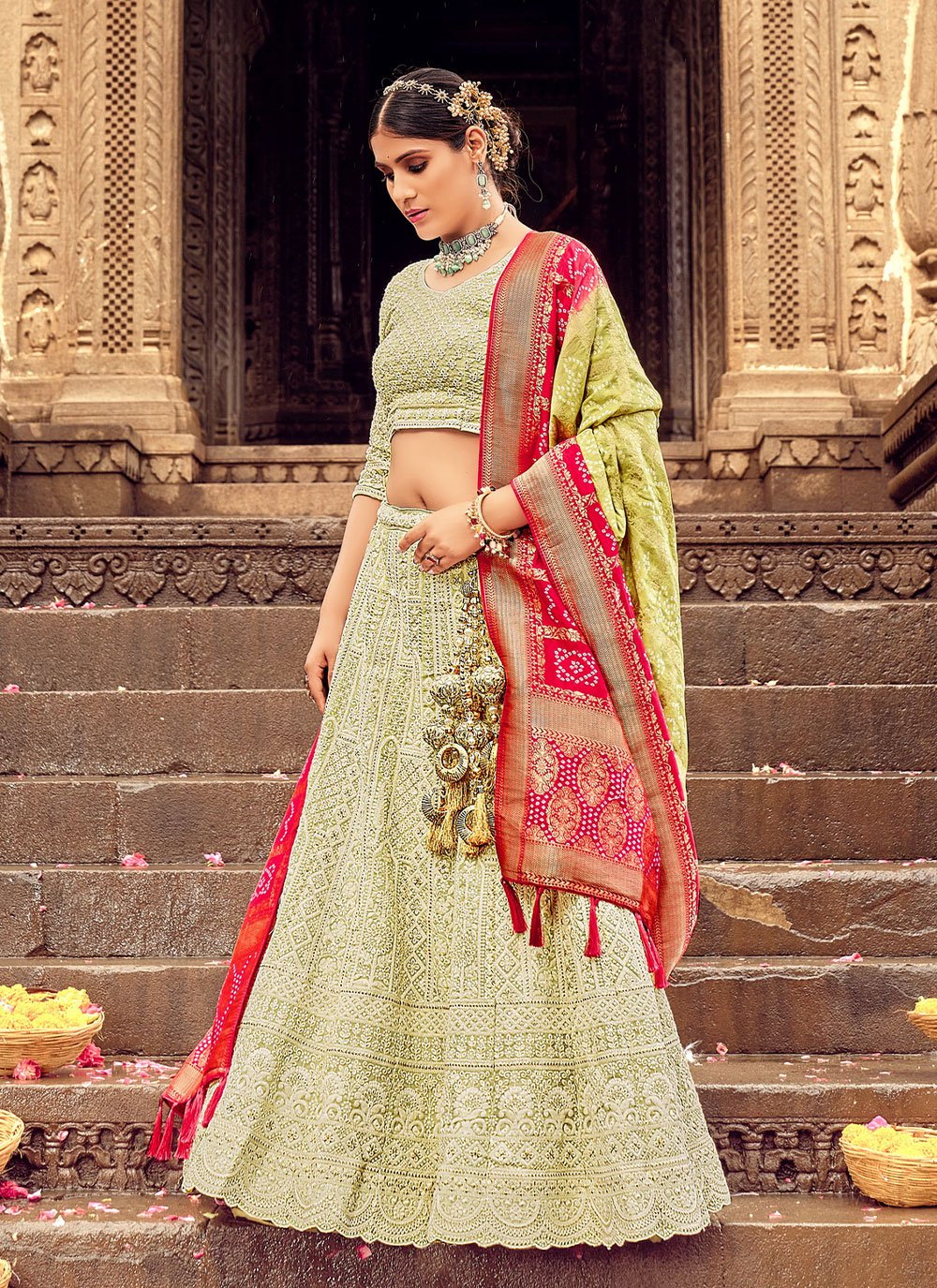 Lehenga Choli Georgette Green Embroidered Lehenga Choli