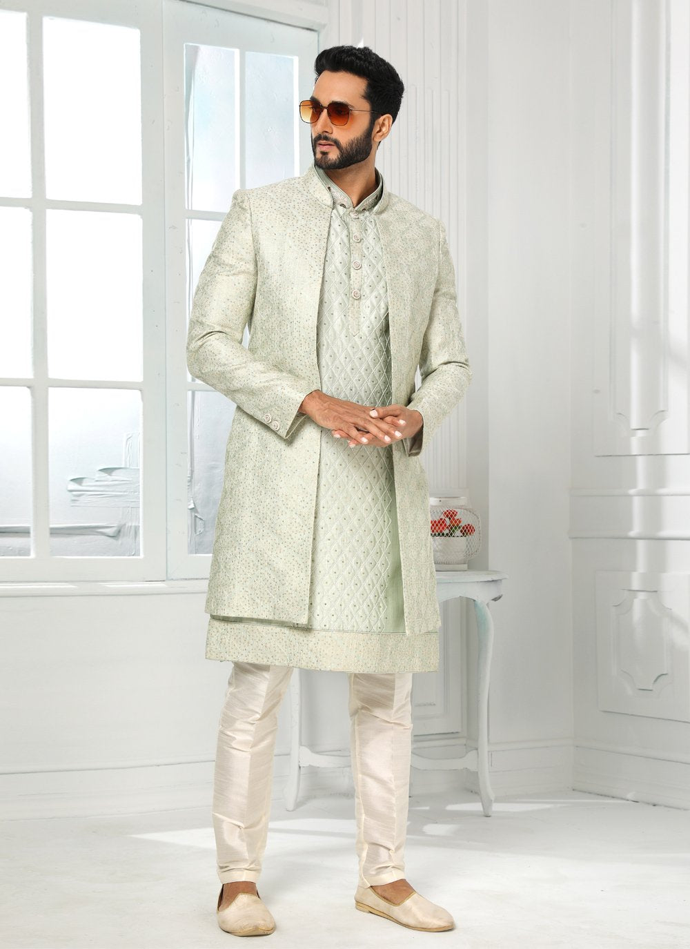 Indo Western Art Silk Green Machine Embroidery Mens