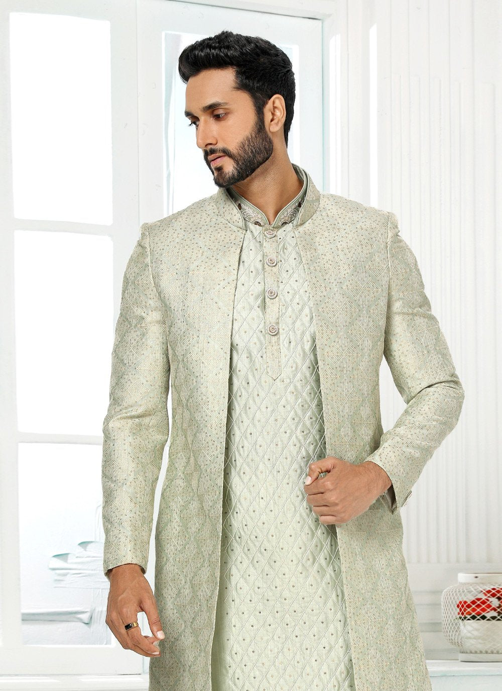 Indo Western Art Silk Green Machine Embroidery Mens