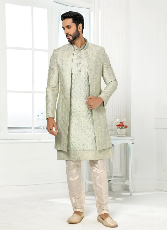 Indo Western Art Silk Green Machine Embroidery Mens