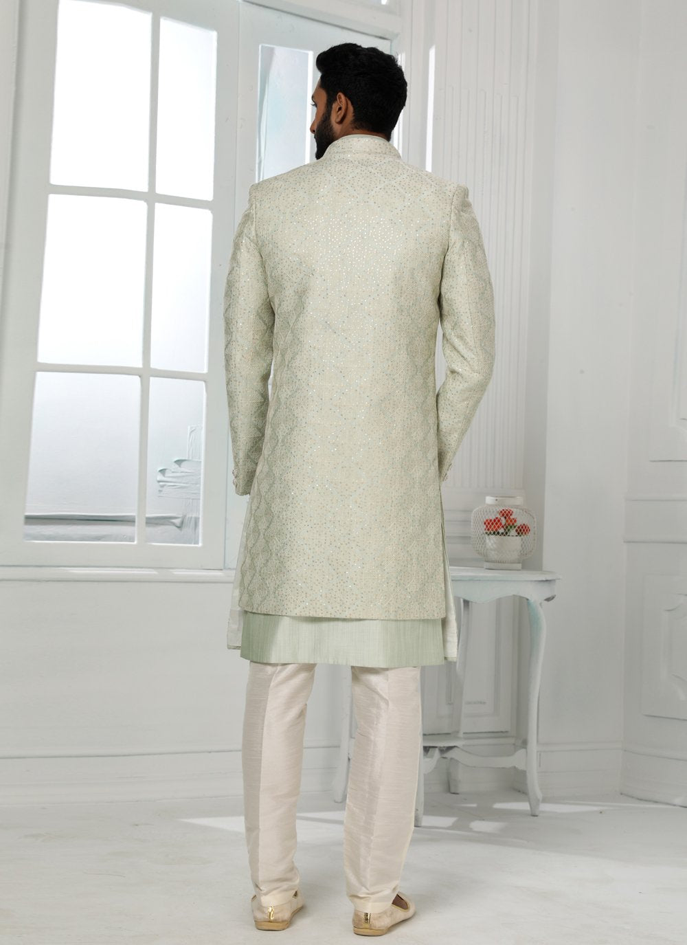 Indo Western Art Silk Green Machine Embroidery Mens