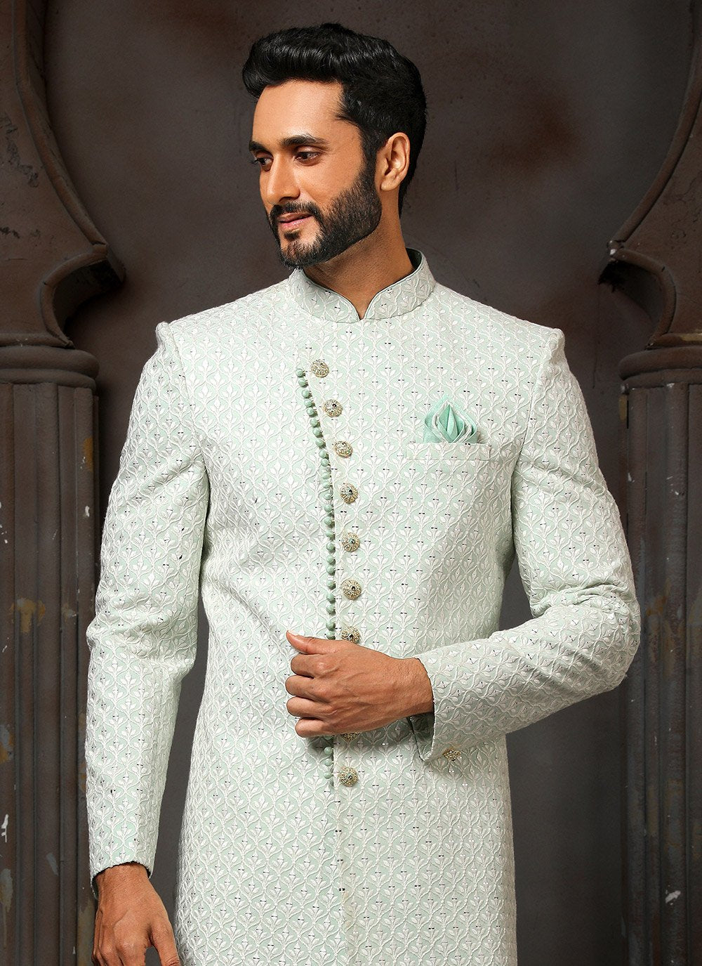 Sherwani Georgette Green Machine Embroidery Mens