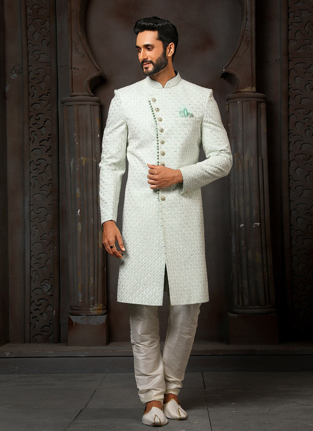 Sherwani Georgette Green Machine Embroidery Mens