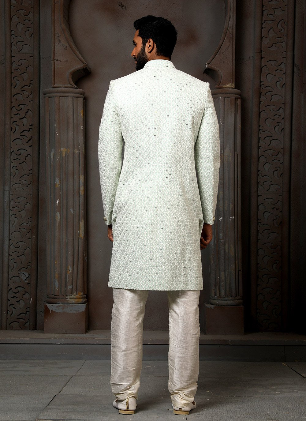 Sherwani Georgette Green Machine Embroidery Mens