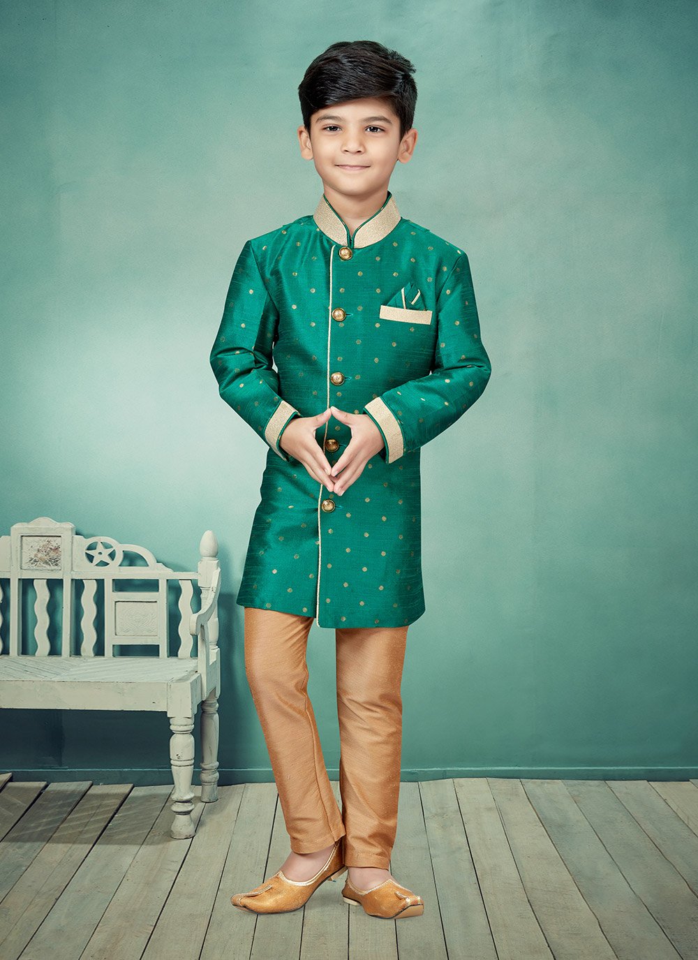 Indo Western Malbari Silk Green Lace Kids