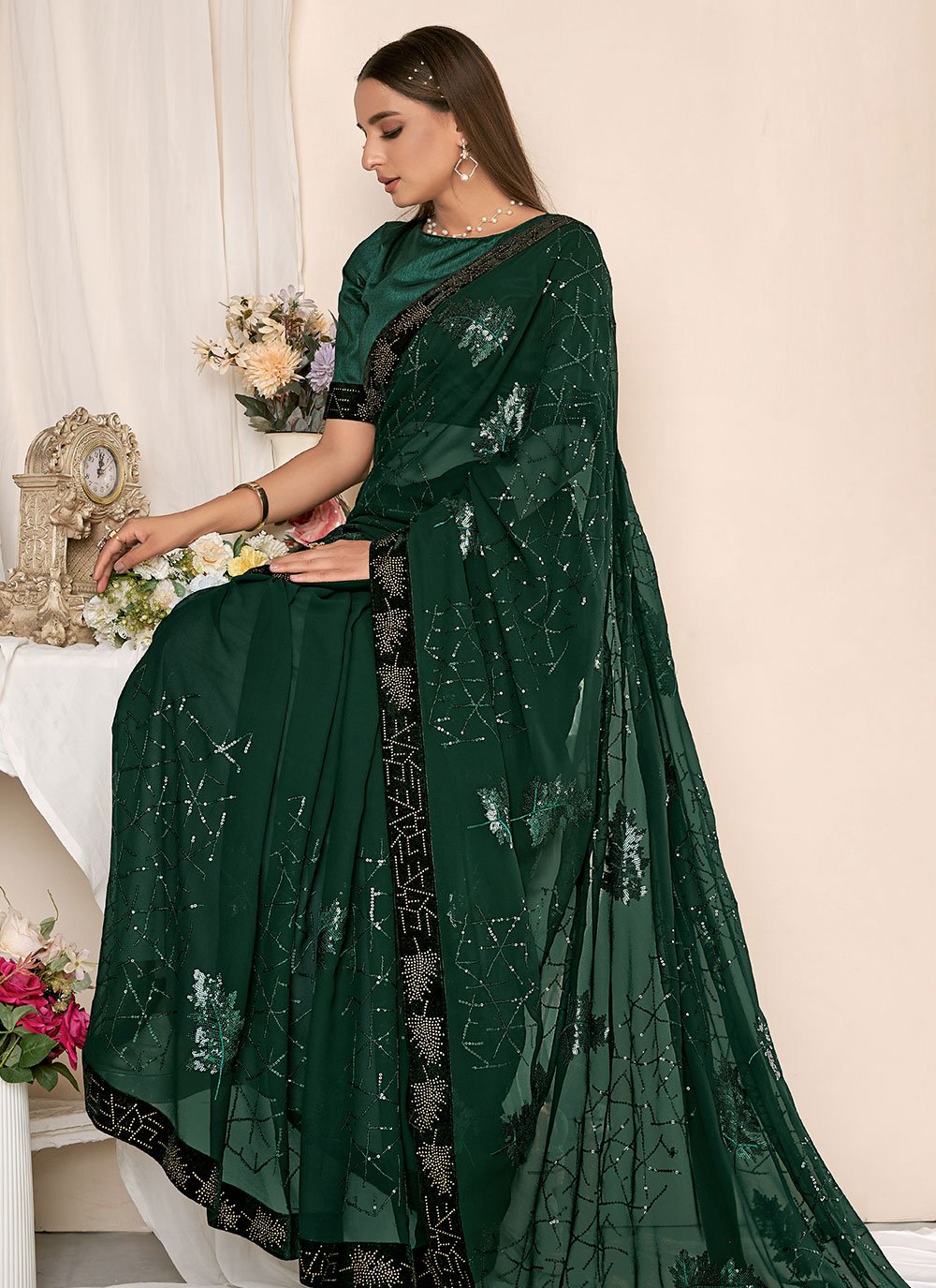 Traditional Saree Bembarg Georgette Green Patch Border Saree