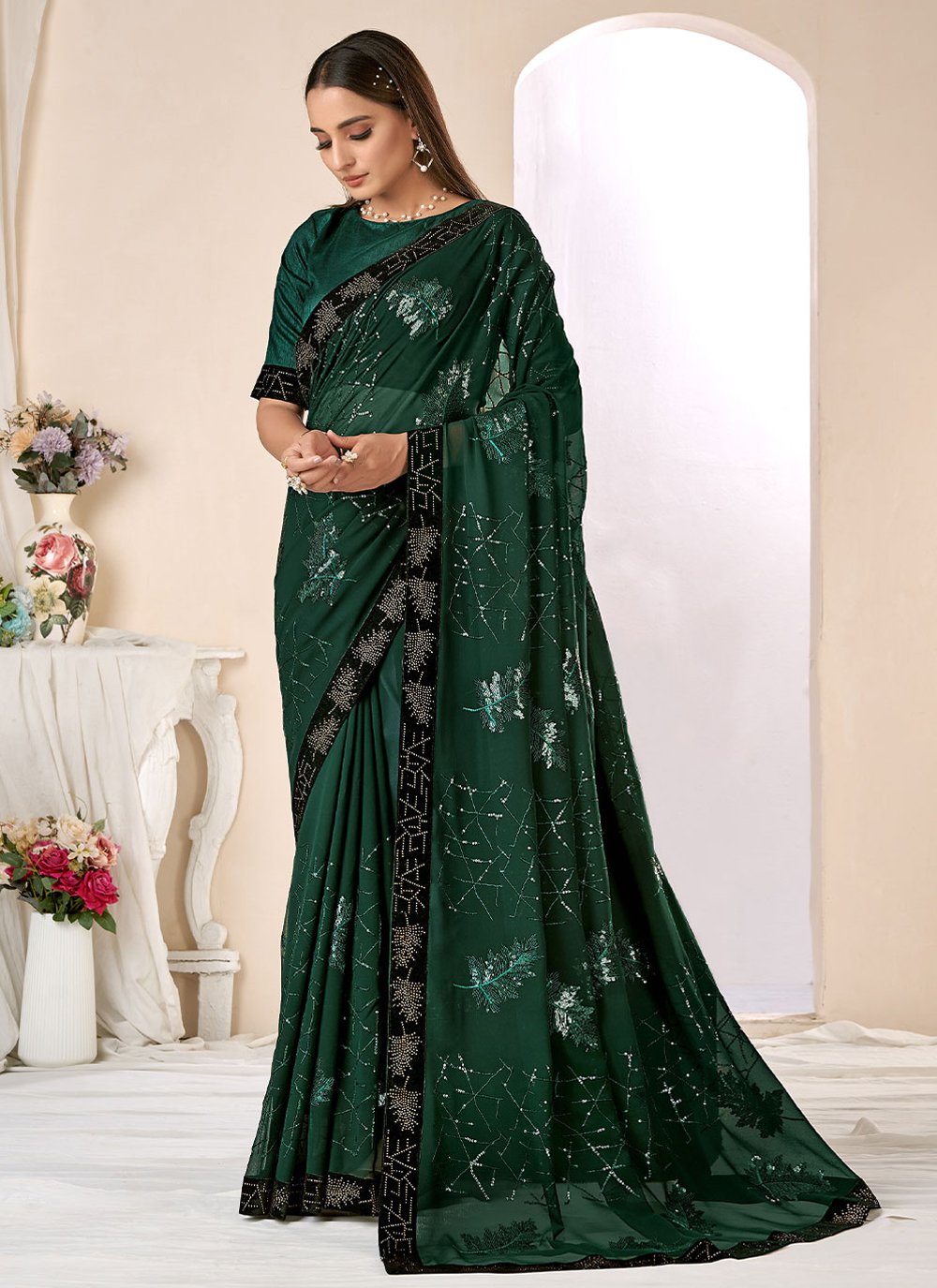 Traditional Saree Bembarg Georgette Green Patch Border Saree