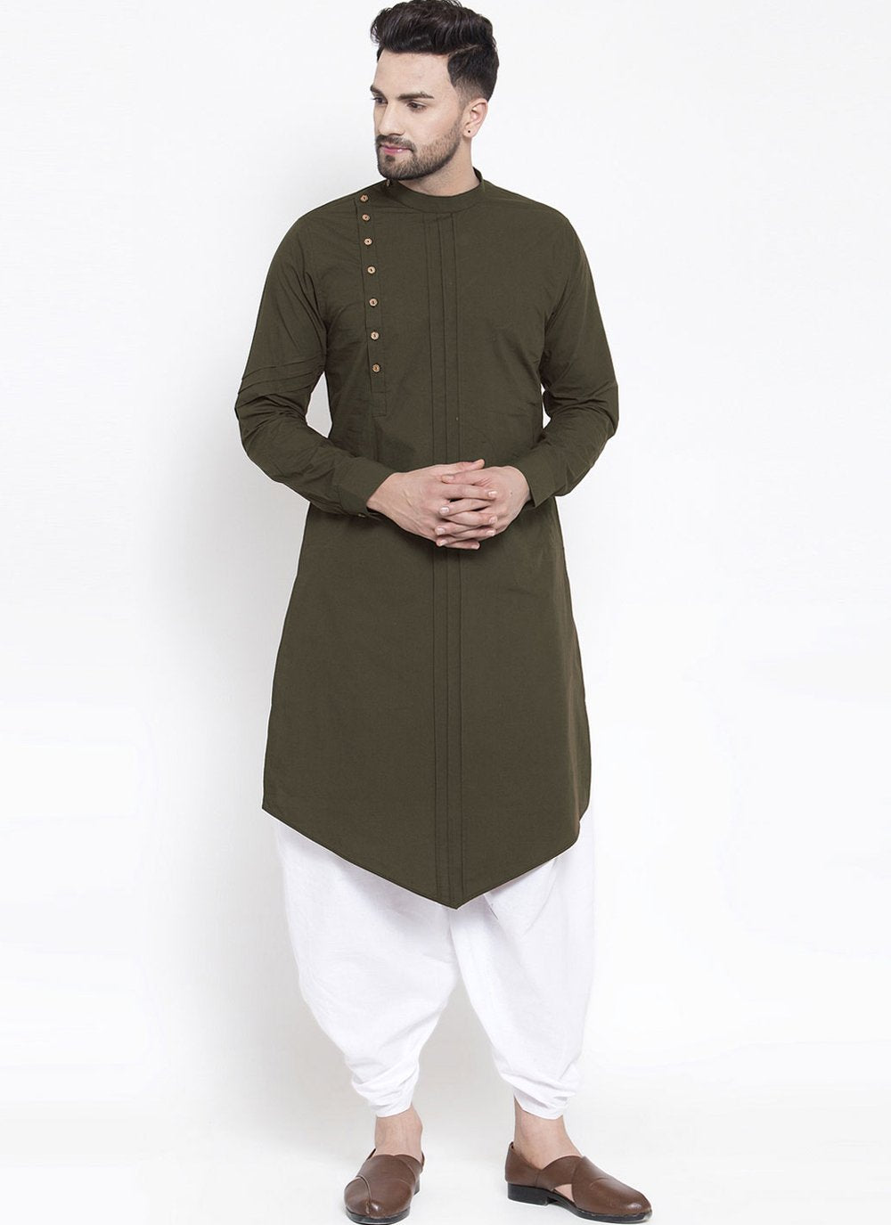 Dhoti Kurta Blended Cotton Green Plain Mens