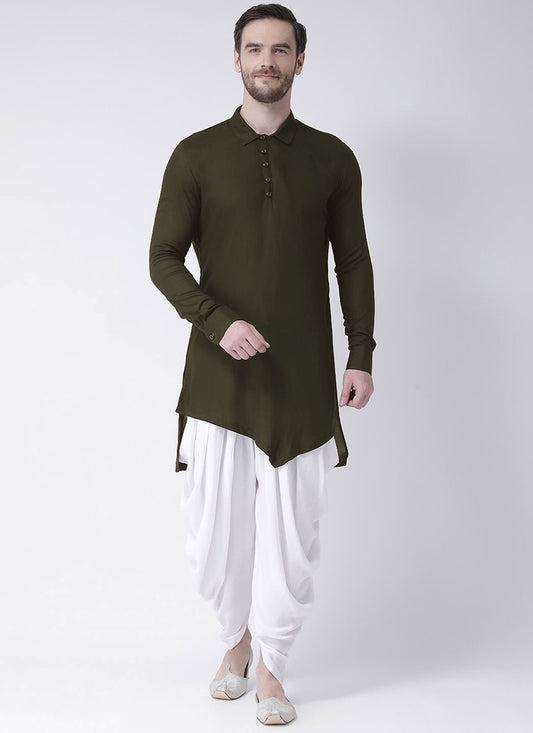 Indo Western Blended Cotton Green Buttons Mens