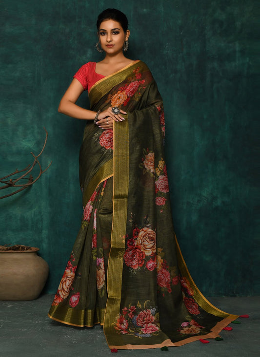 Designer Fancy Fabric Green Digital Print Saree