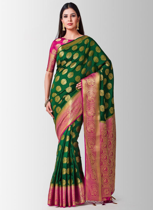 Contemporary Kanjivaram Silk Green Zari Saree