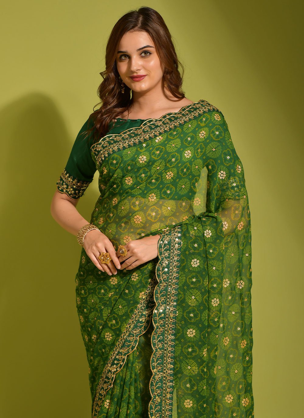 Contemporary Chiffon Georgette Green Embroidered Saree