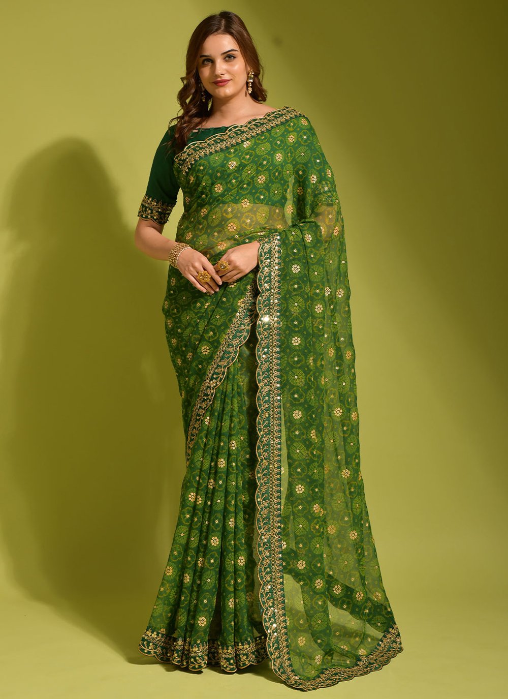 Contemporary Chiffon Georgette Green Embroidered Saree