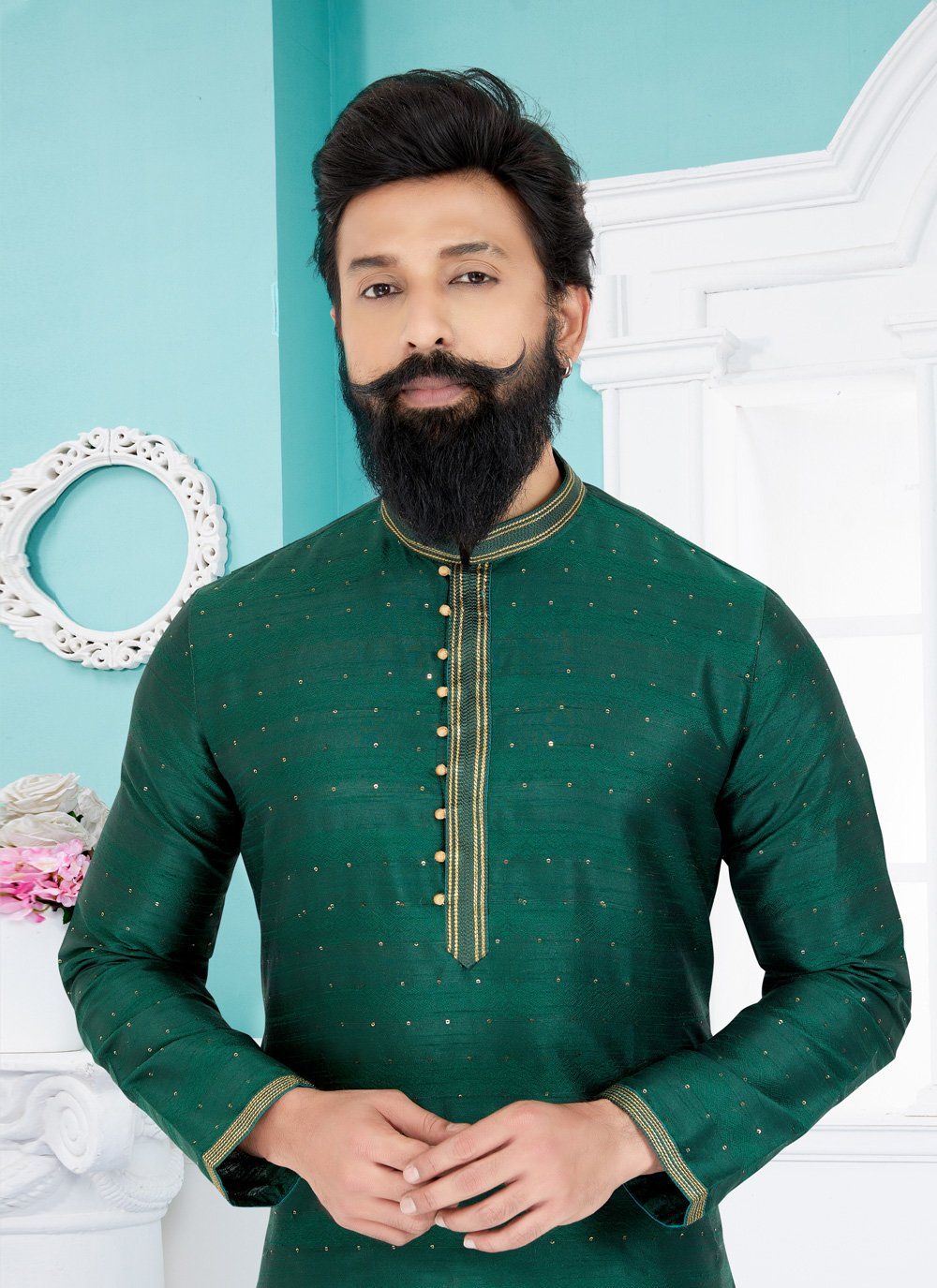 Kurta Pyjama Cotton Jacquard Green Jacquard Work Mens