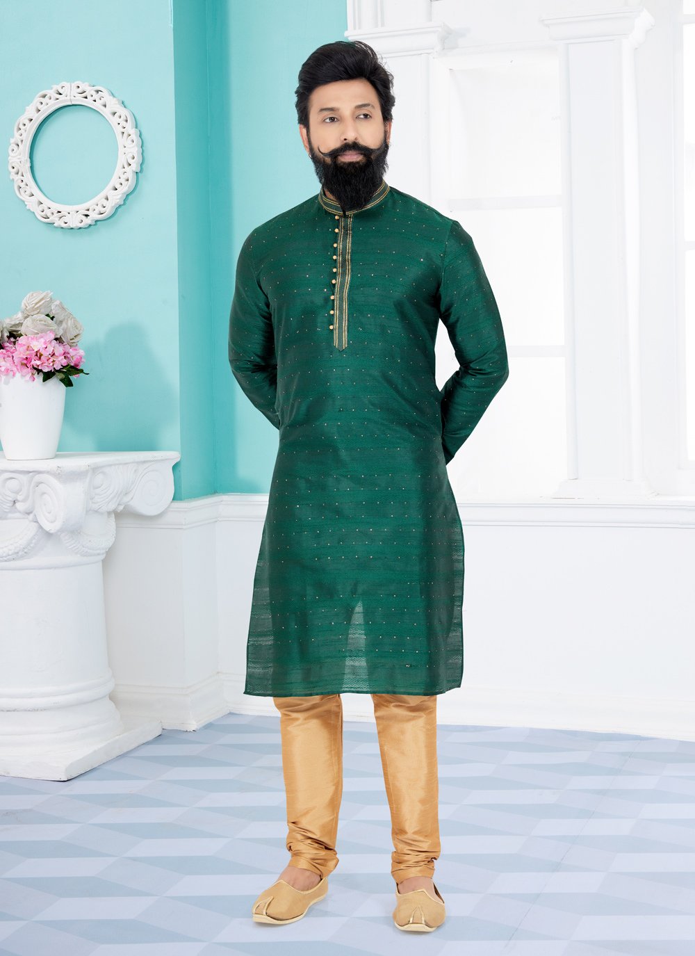 Kurta Pyjama Cotton Jacquard Green Jacquard Work Mens