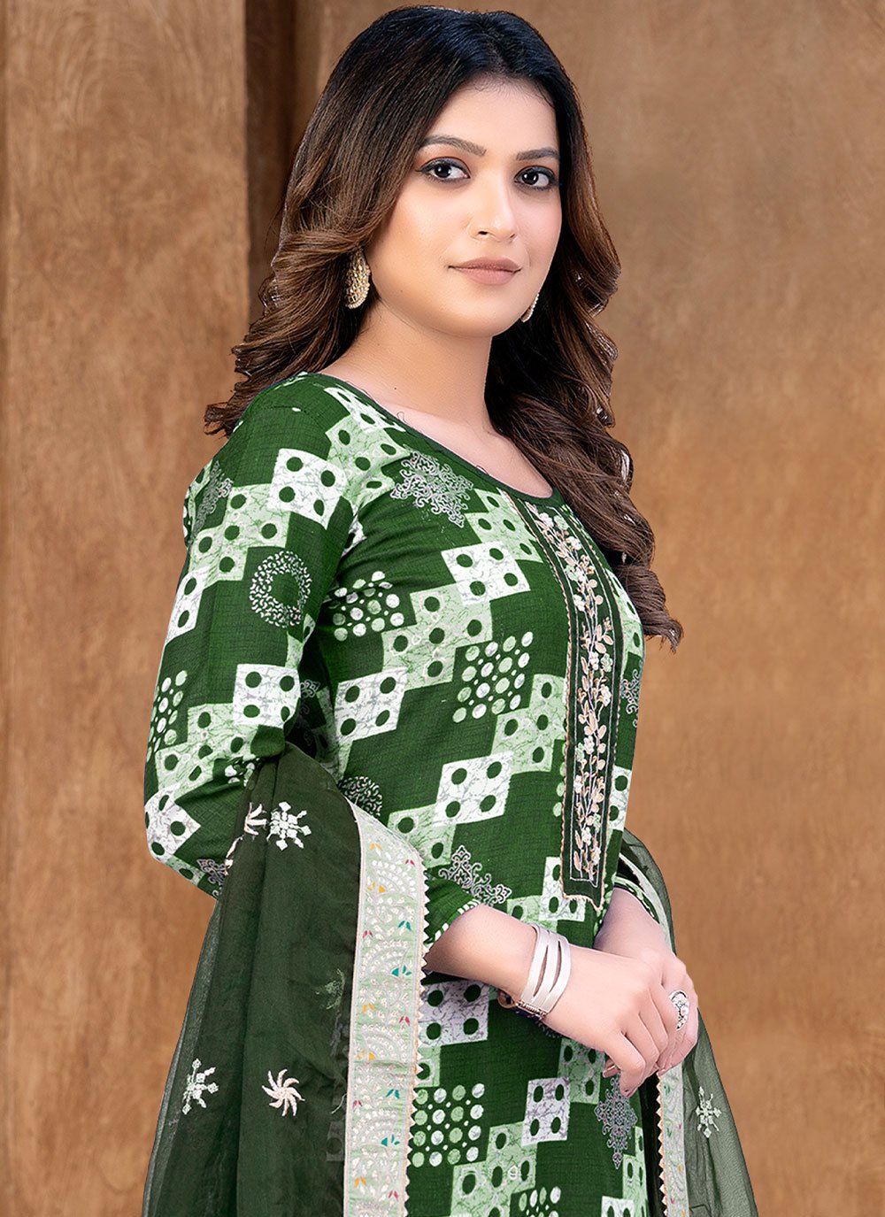 Straight Salwar Suit Cotton Green Print Salwar Kameez