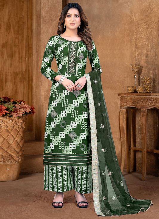 Straight Salwar Suit Cotton Green Print Salwar Kameez