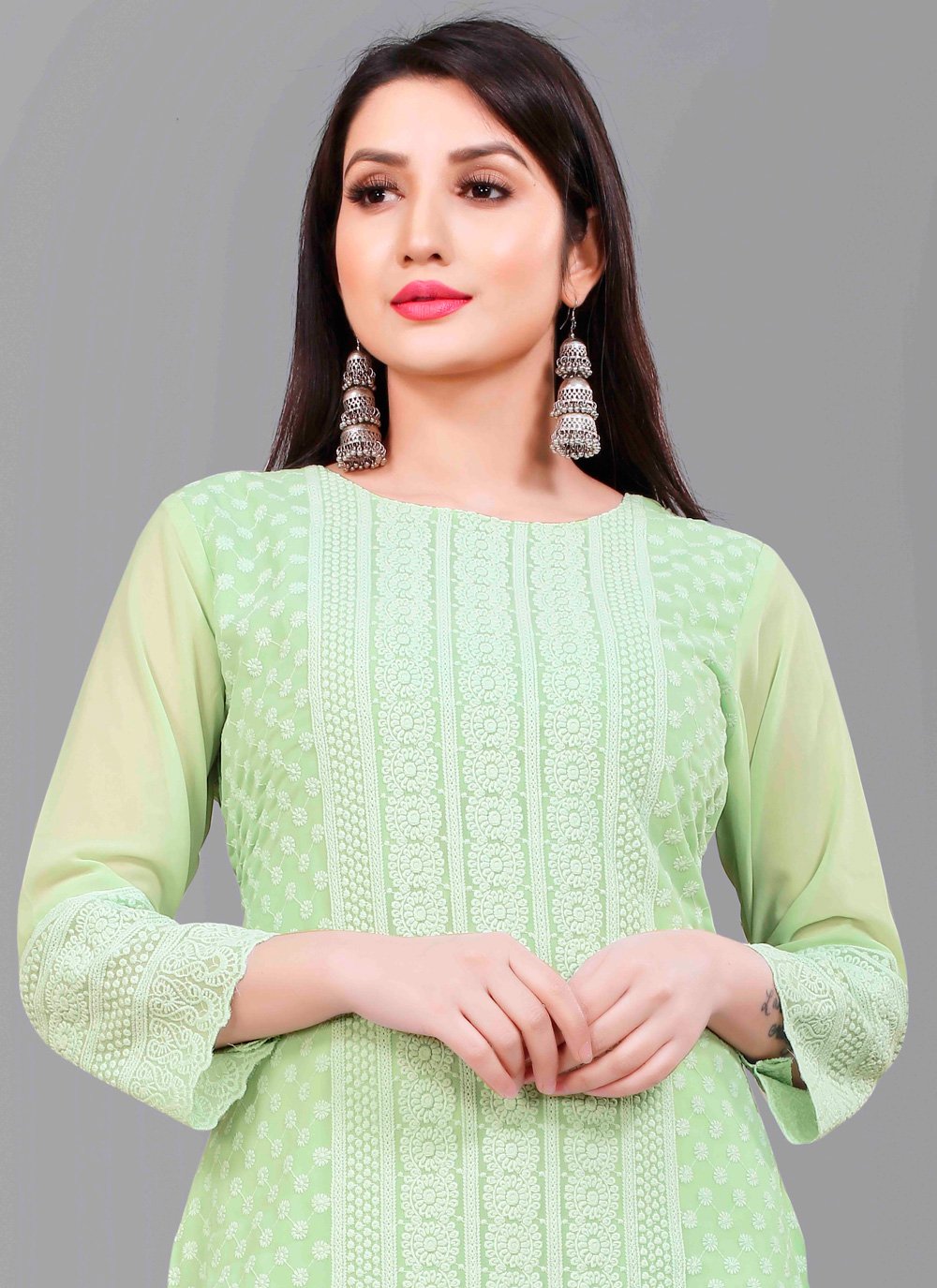 Designer Kurti Chiffon Georgette Green Embroidered Kurtis