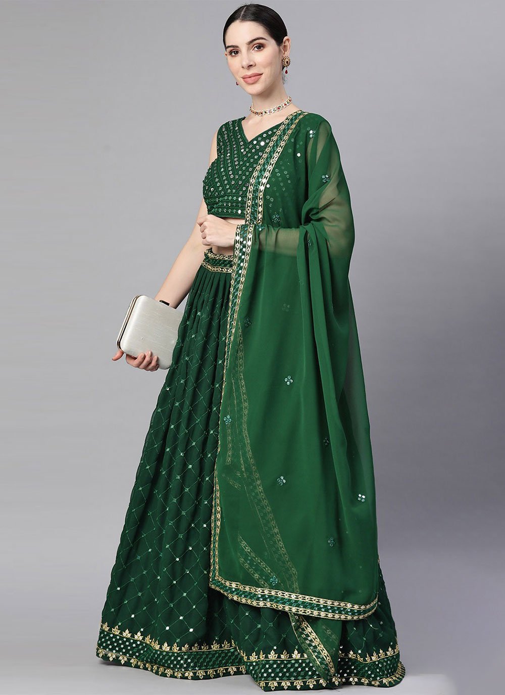 Lehenga Choli Georgette Green Embroidered Lehenga Choli