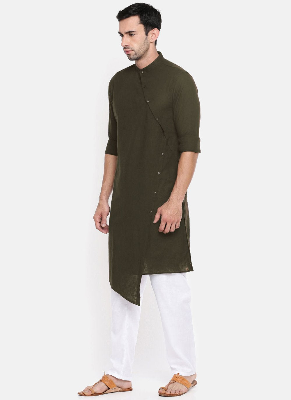 Kurta Blended Cotton Green Plain Mens