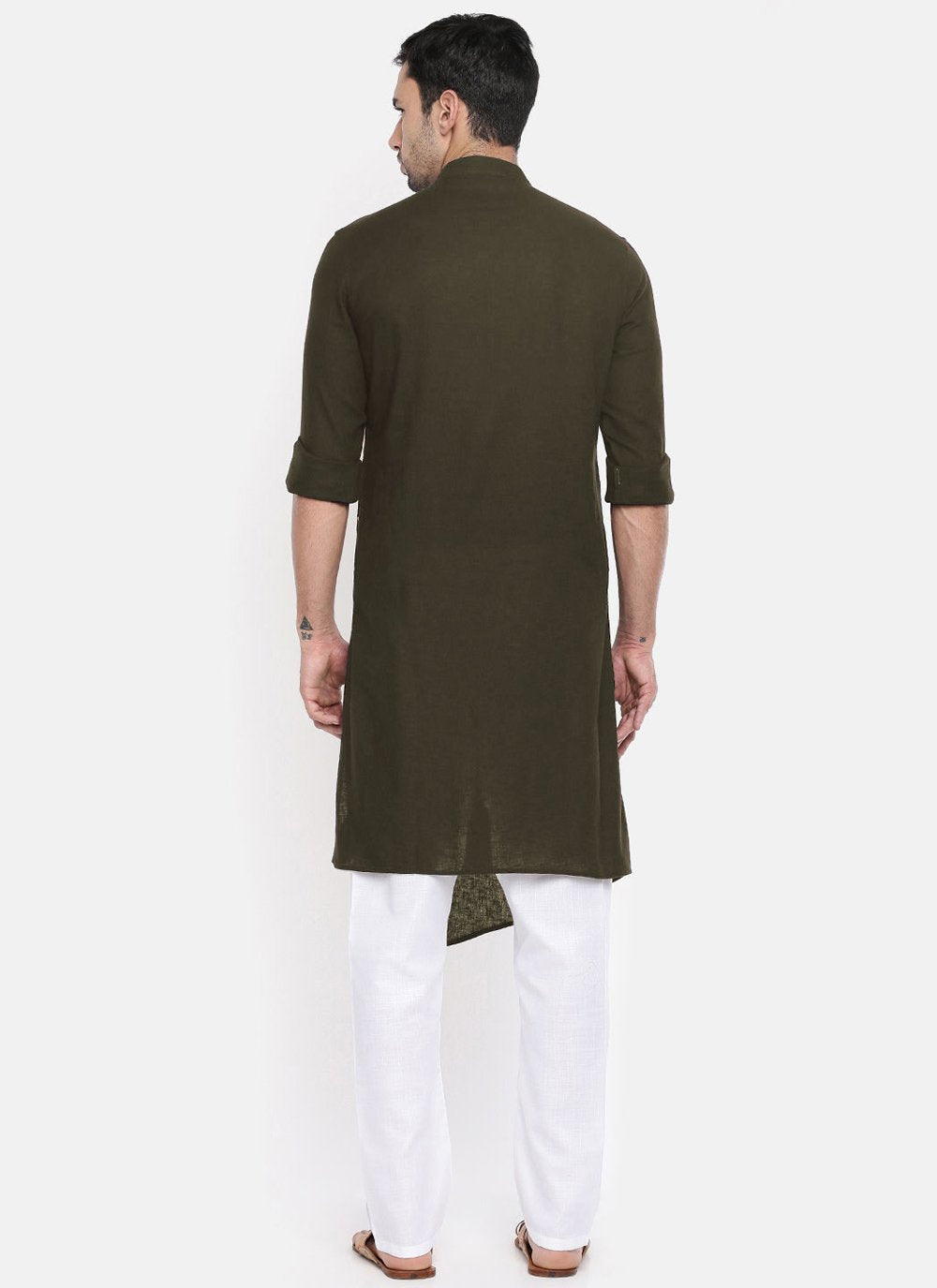 Kurta Blended Cotton Green Plain Mens