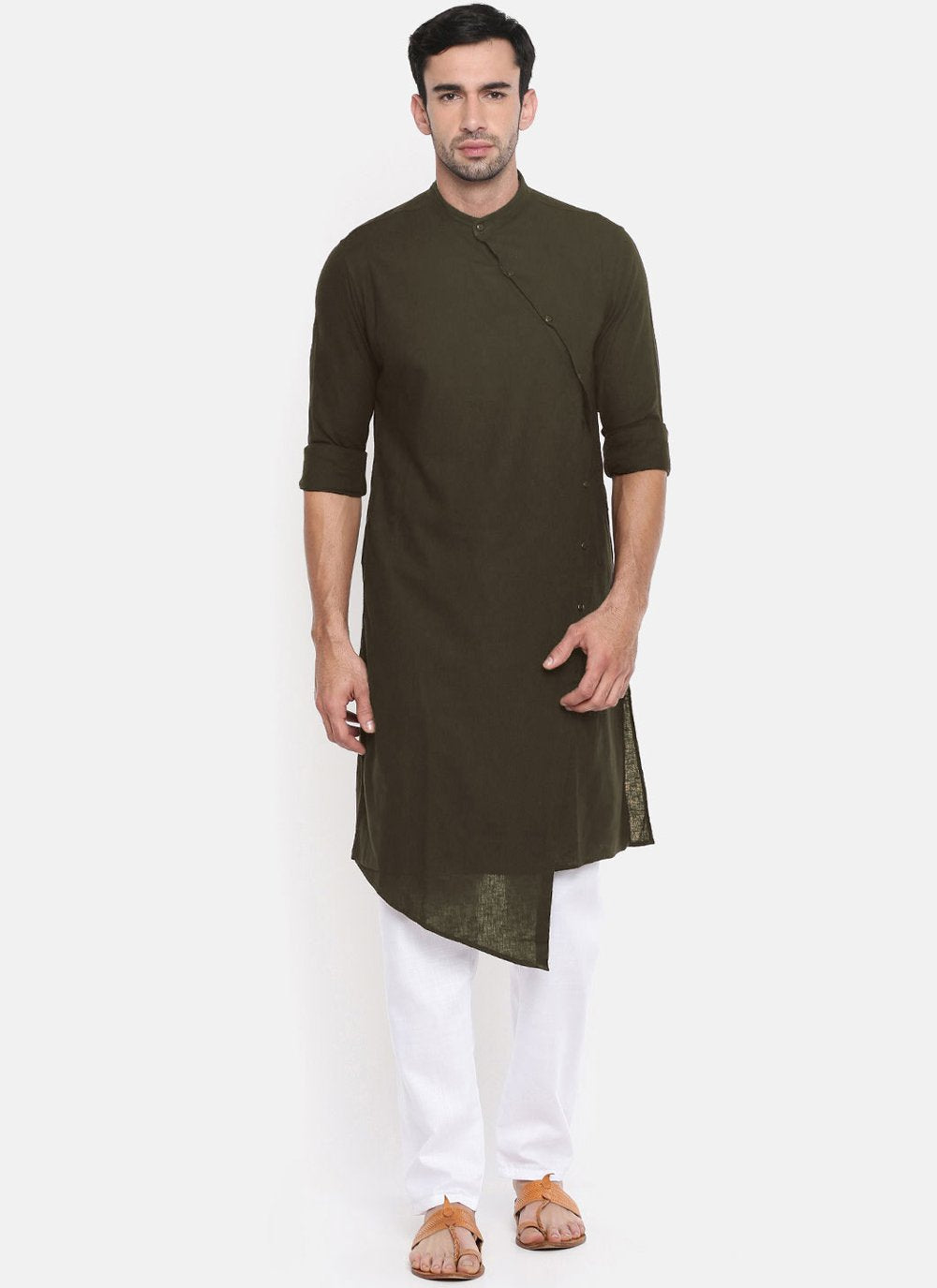 Kurta Blended Cotton Green Plain Mens