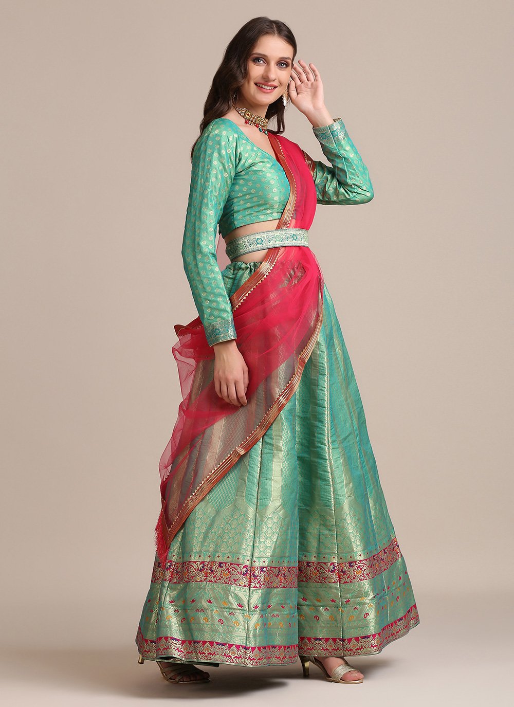 Lehenga Choli Jacquard Silk Green Print Lehenga Choli