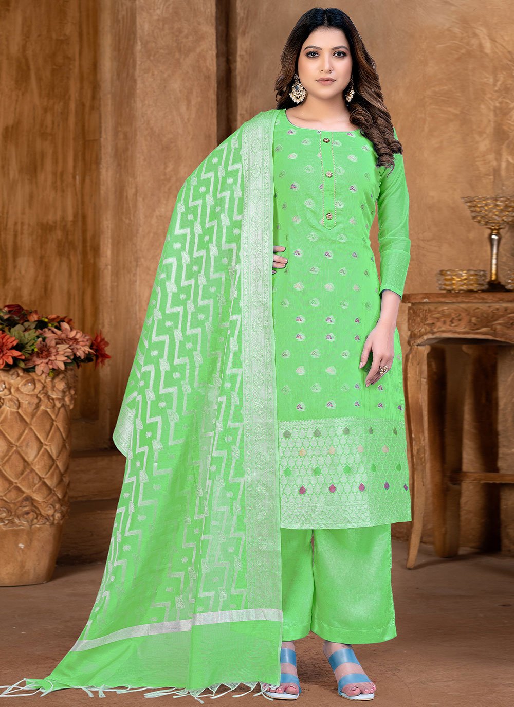 Floor Lenght Salwar Suit Banarasi Jacquard Green Weaving Salwar Kameez