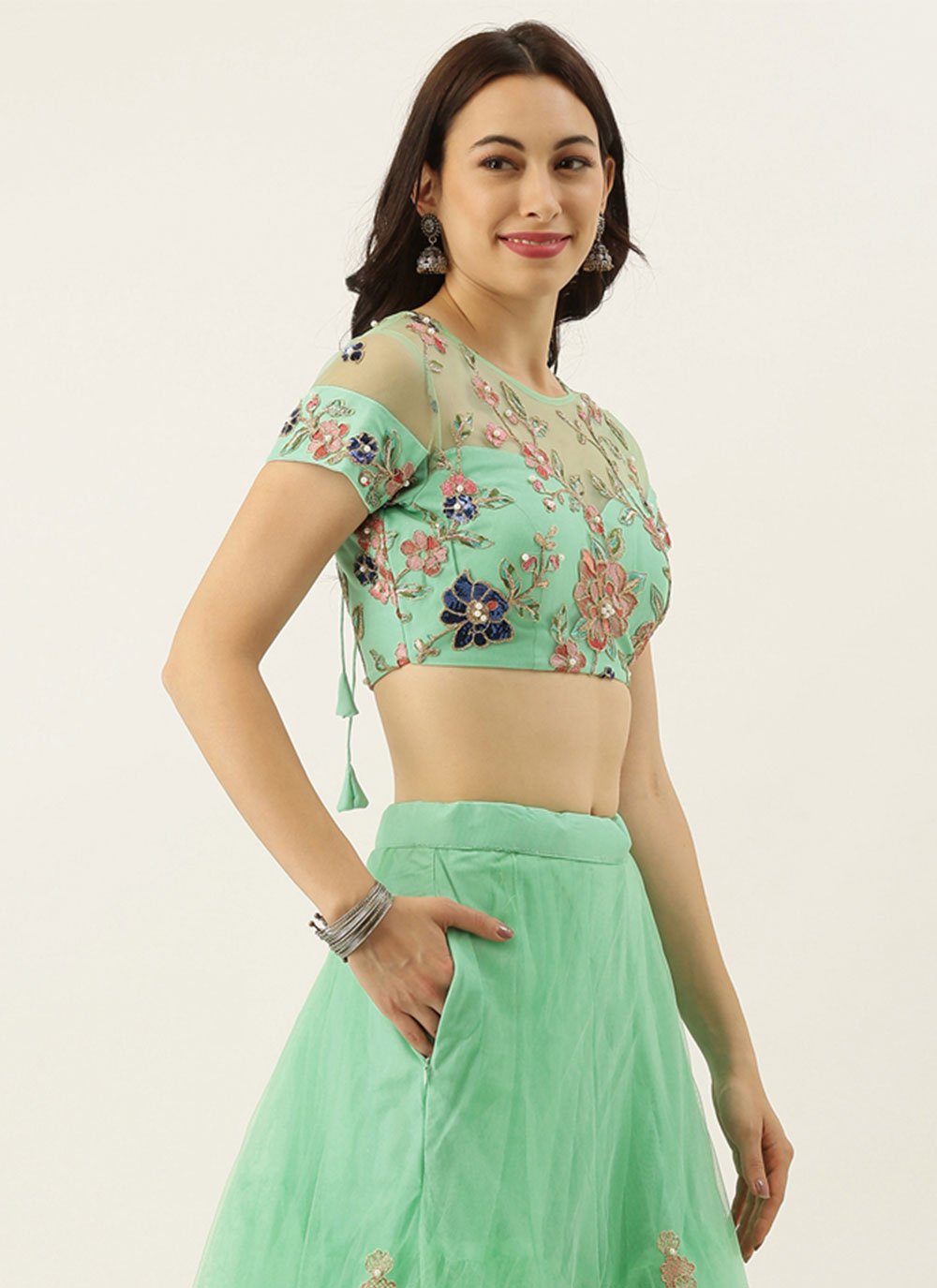 A Line Lehenga Net Green Embroidered Lehenga Choli