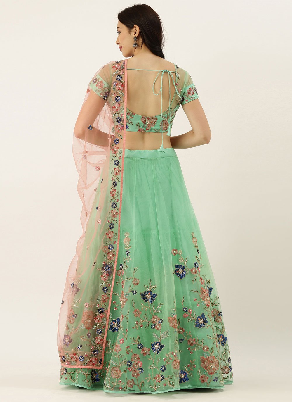 A Line Lehenga Net Green Embroidered Lehenga Choli