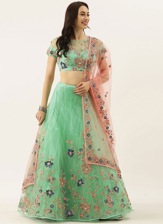 A Line Lehenga Net Green Embroidered Lehenga Choli