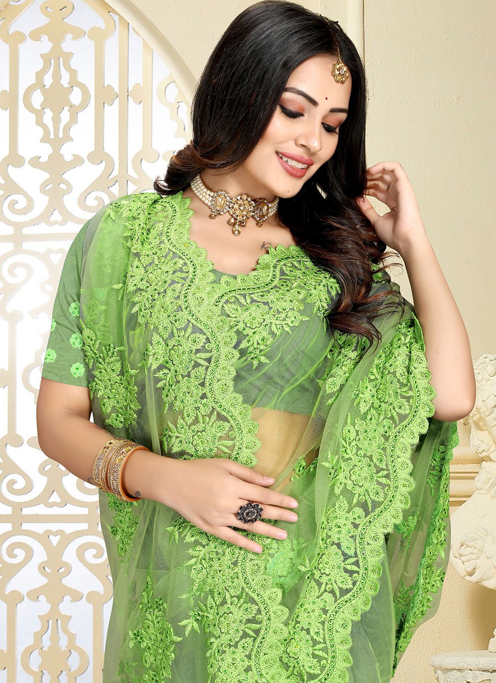 Classic Net Green Embroidered Saree