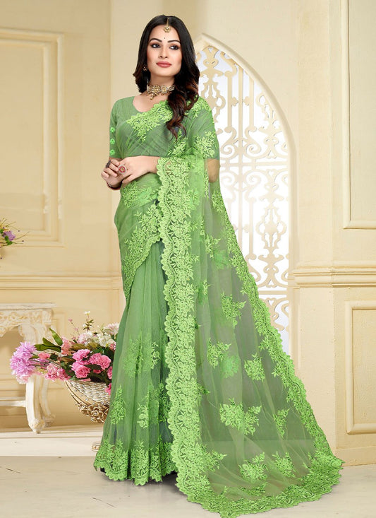 Classic Net Green Embroidered Saree