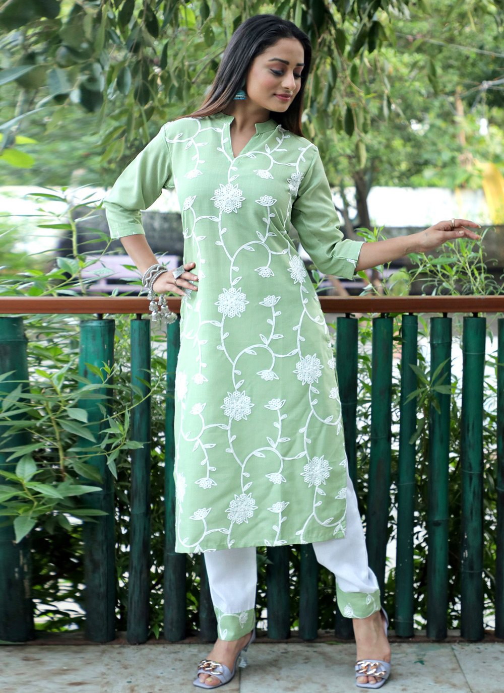 Pant Style Suit Blended Cotton Green Embroidered Salwar Kameez