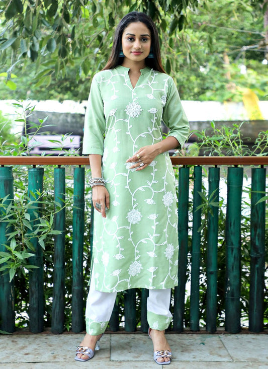 Pant Style Suit Blended Cotton Green Embroidered Salwar Kameez