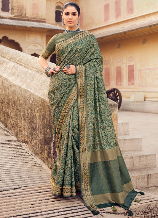 Designer Silk Green Digital Print Saree