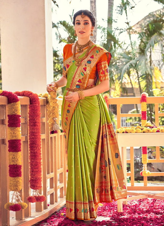 Traditional Saree Silk Green Patch Border Saree