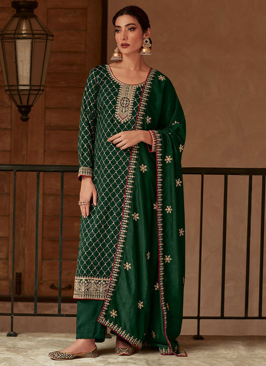 Salwar Suit Silk Green Embroidered Salwar Kameez