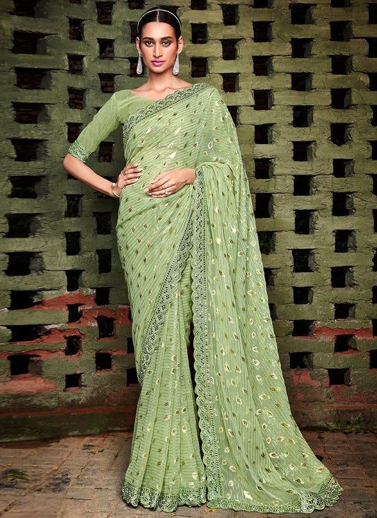 Classic Jacquard Silk Green Foil Print Saree