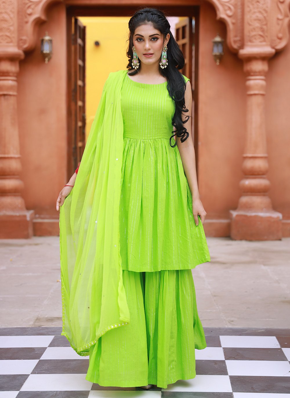 Salwar Suit Cotton Green Fancy Work Salwar Kameez