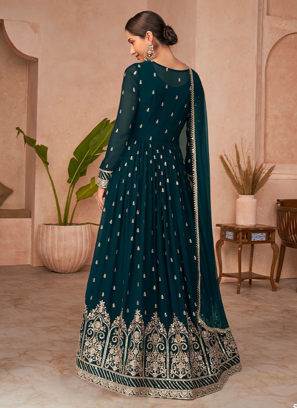 Designer Gown Georgette Silk Green Embroidered Gown