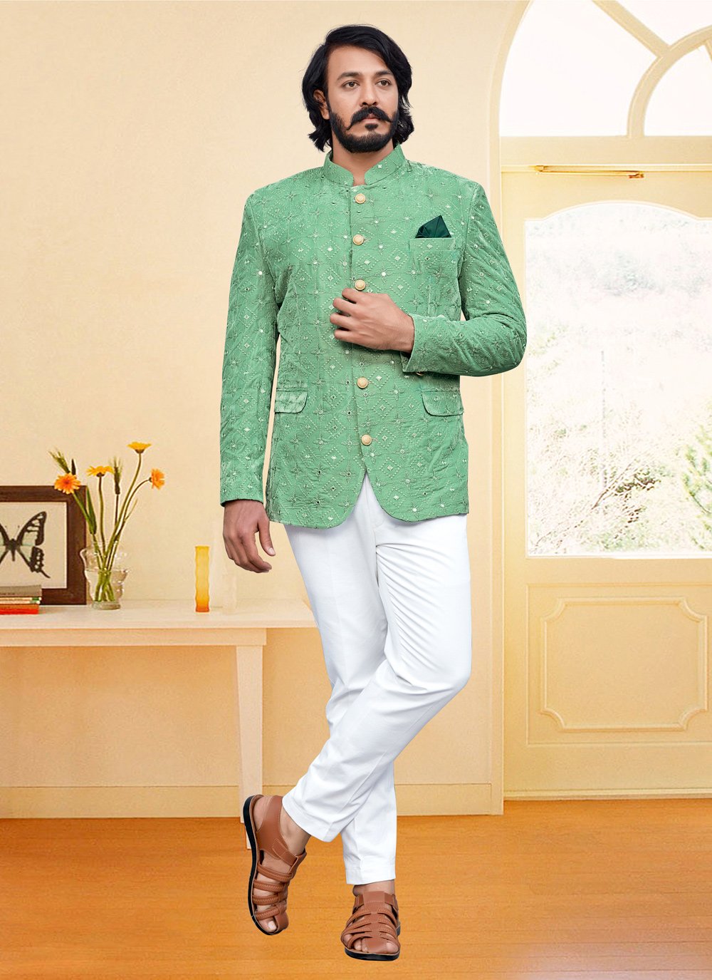 Jodhpuri Suit Velvet Green Embroidered Mens