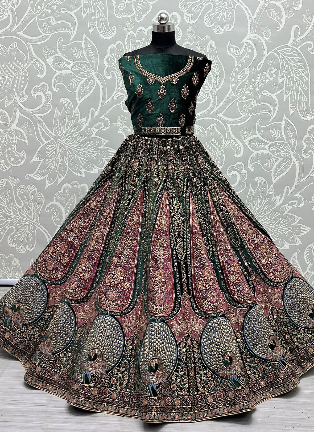 Lehenga Choli Velvet Green Diamond Lehenga Choli