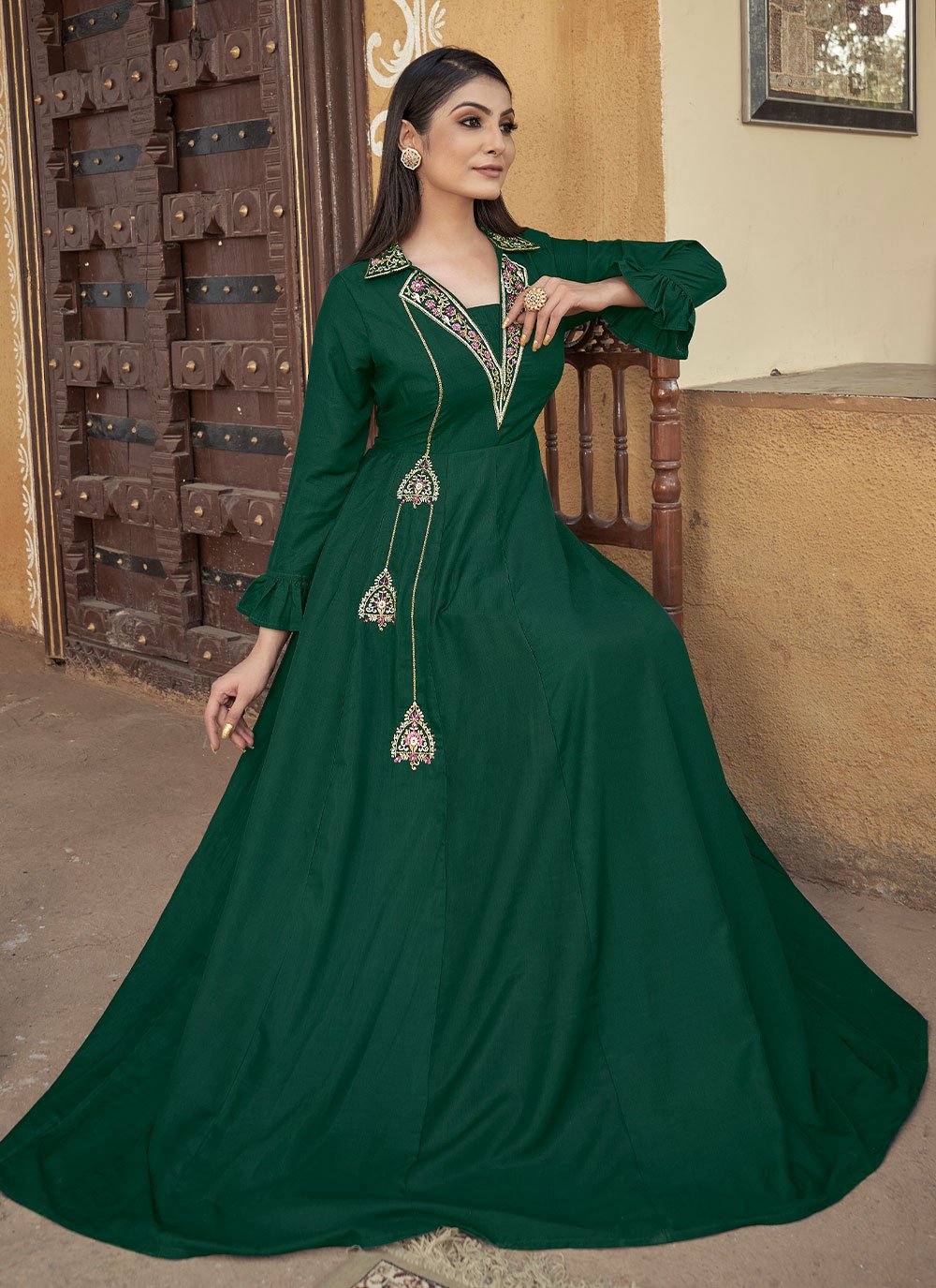 Designer Gown Muslin Green Embroidered Gown