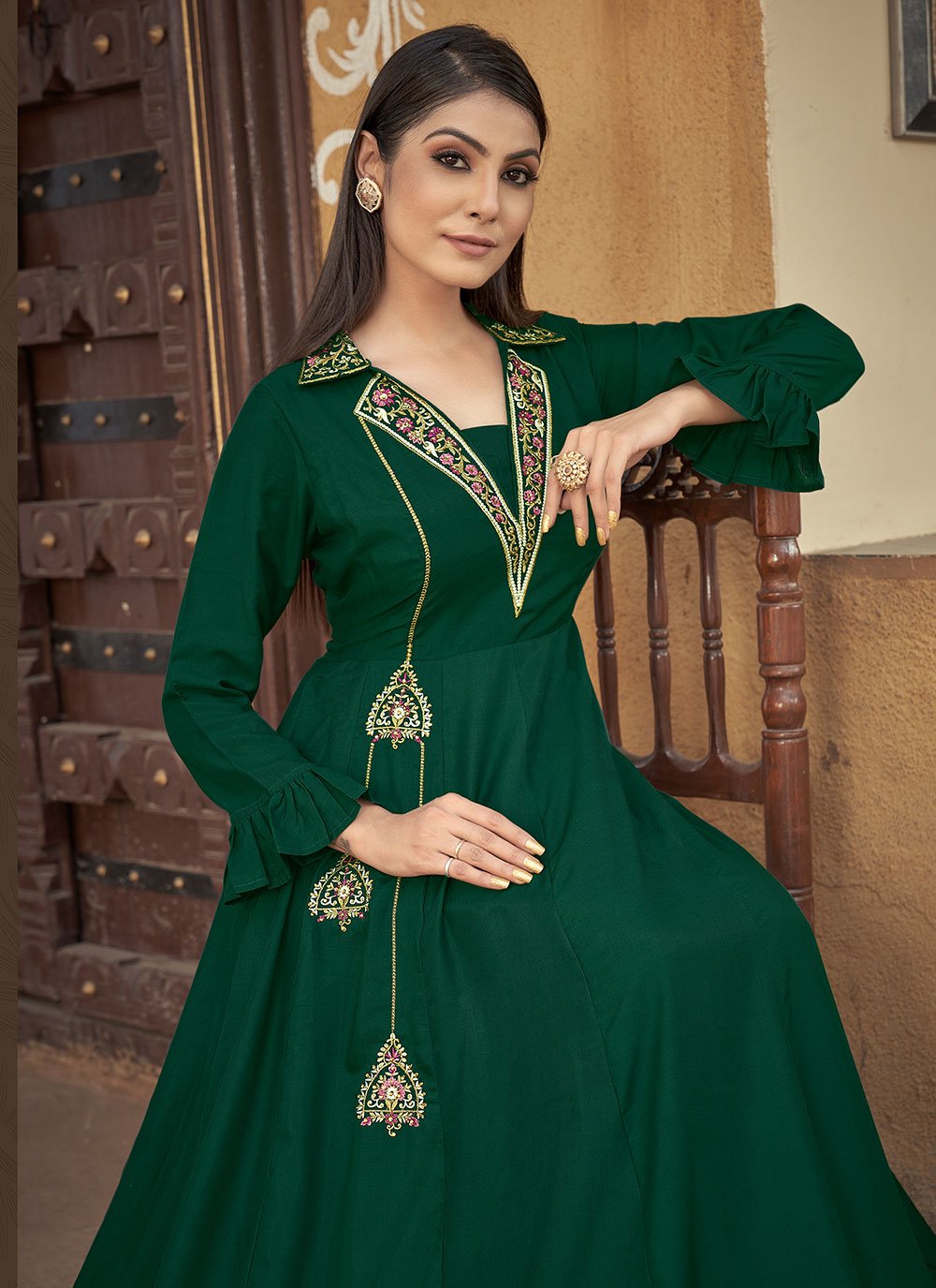 Designer Gown Muslin Green Embroidered Gown