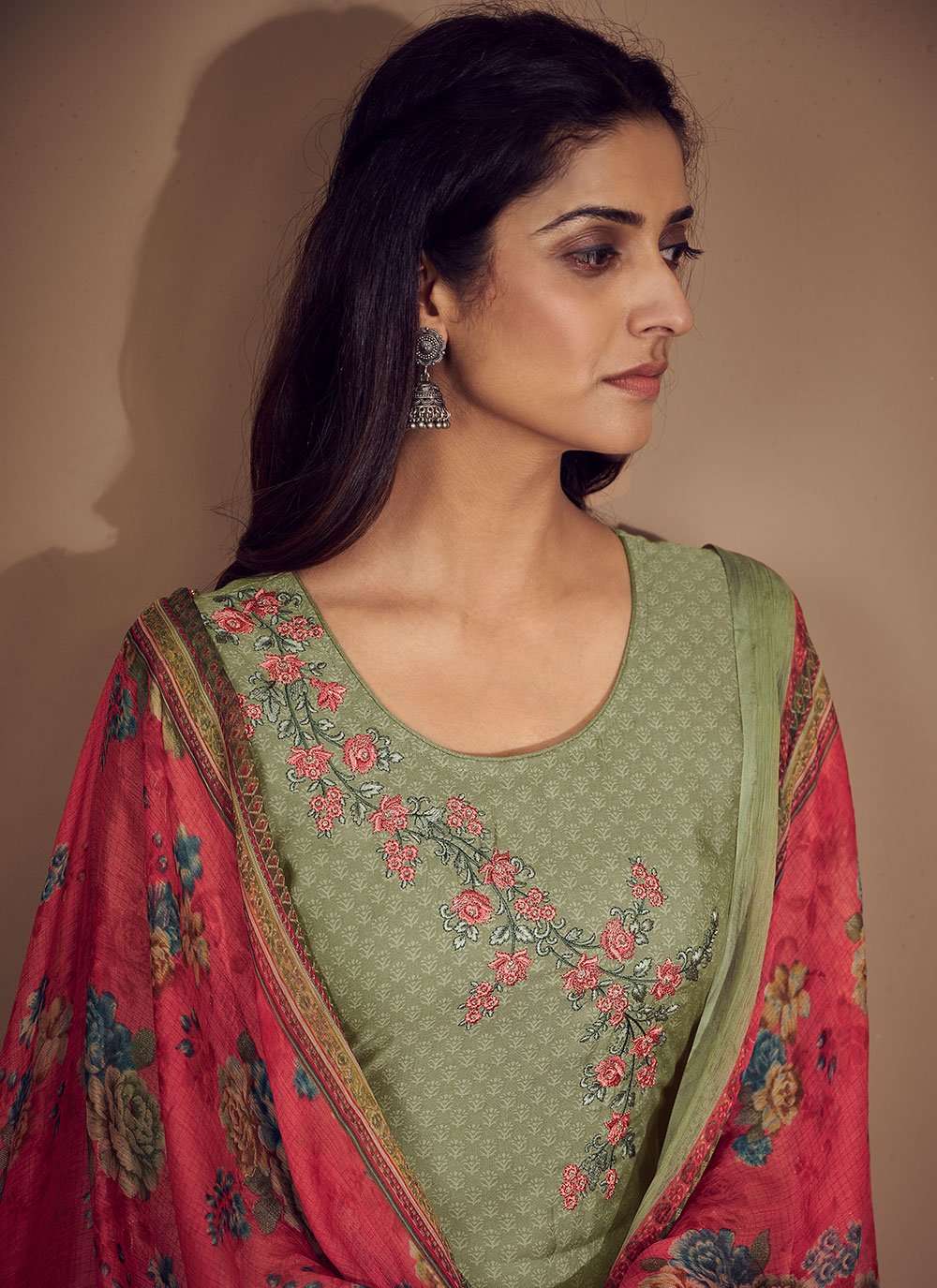 Pant Style Suit Muslin Green Embroidered Salwar Kameez