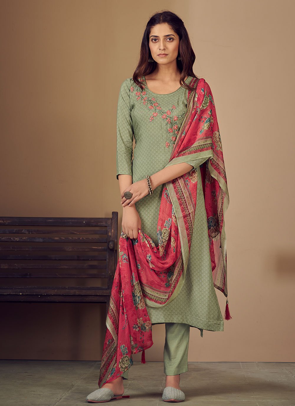 Pant Style Suit Muslin Green Embroidered Salwar Kameez